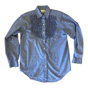 Vintage Women’s Casey & Max Blue Button-Up Shirt with Ruffled Yoke